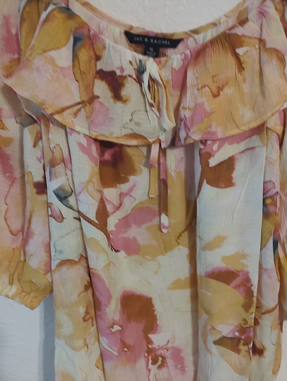 Zac & Rachel Pink and Mustard Watercolor Ruffle-Neck Blouse